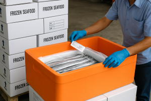 A seafood facility worker in blue gloves labels an insulated orange container filled with silver ribbon fish, surrounded by white boxes marked “Frozen Seafood” in southern Iran.